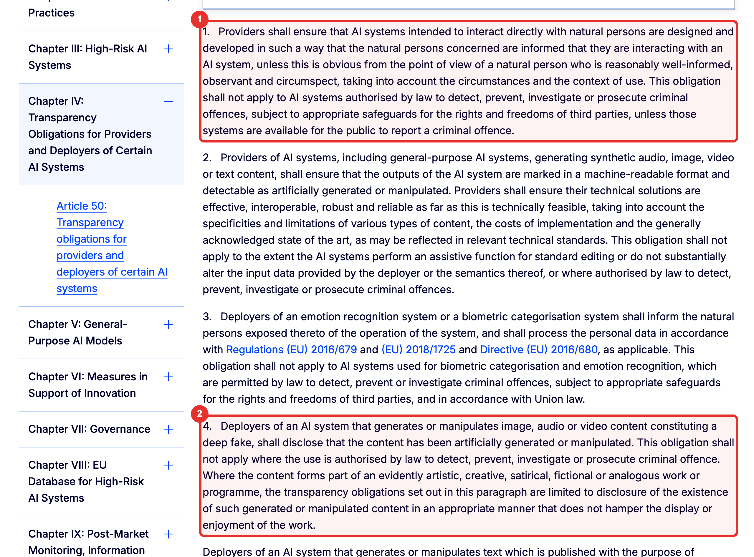 Art. 50: il chatbot deve far sapere che si parla con un'IA (1); chi pubblica un deepfake deve dichiararlo (2)