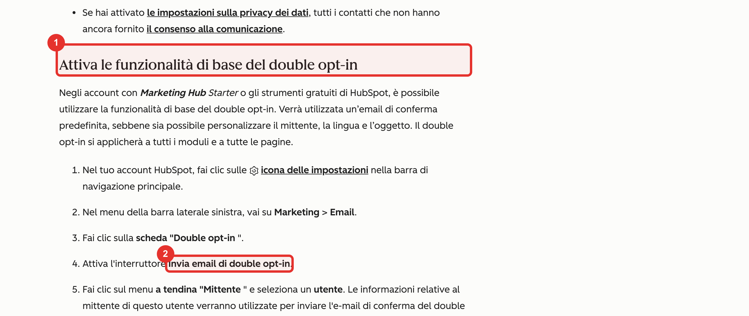 Guida HubSpot: la funzione di base del double opt-in (1) e l'interruttore «Invia email di double opt-in» (2)