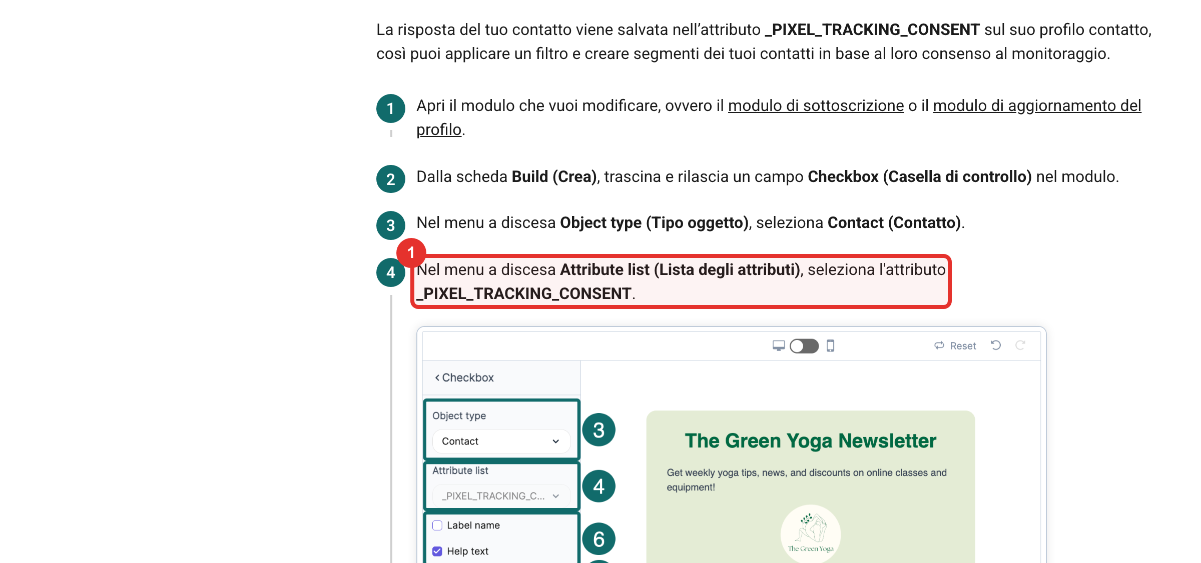 Nel riquadro rosso: la casella va collegata all'attributo _PIXEL_TRACKING_CONSENT (fonte: Brevo)