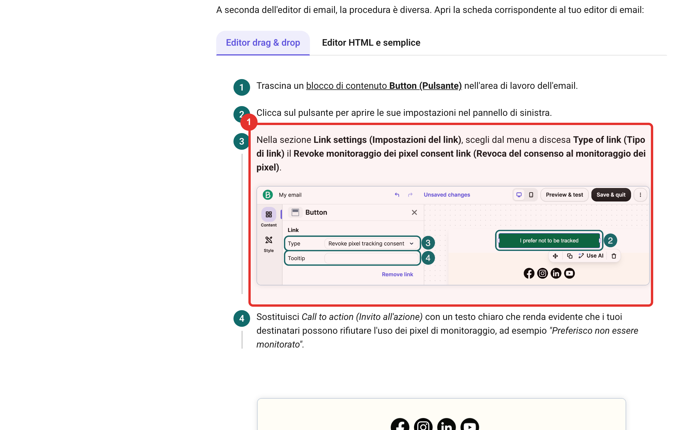 Nel riquadro rosso: il pulsante con il tipo di link «Revoke pixel tracking consent» (fonte: Brevo)