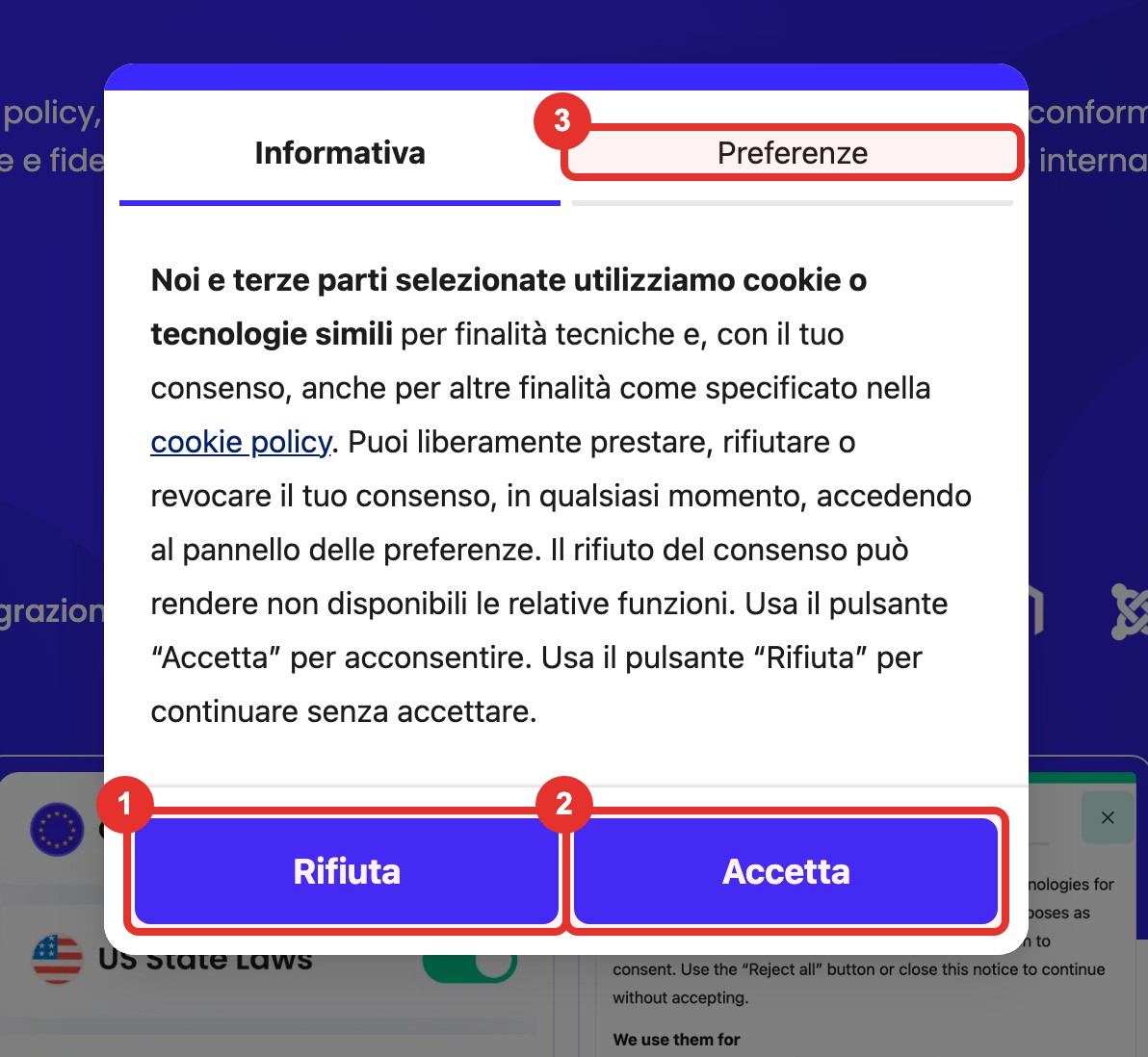 Un esempio di banner: «Rifiuta» (1) e «Accetta» (2) hanno lo stesso peso, «Preferenze» (3) apre la scelta per singola finalità