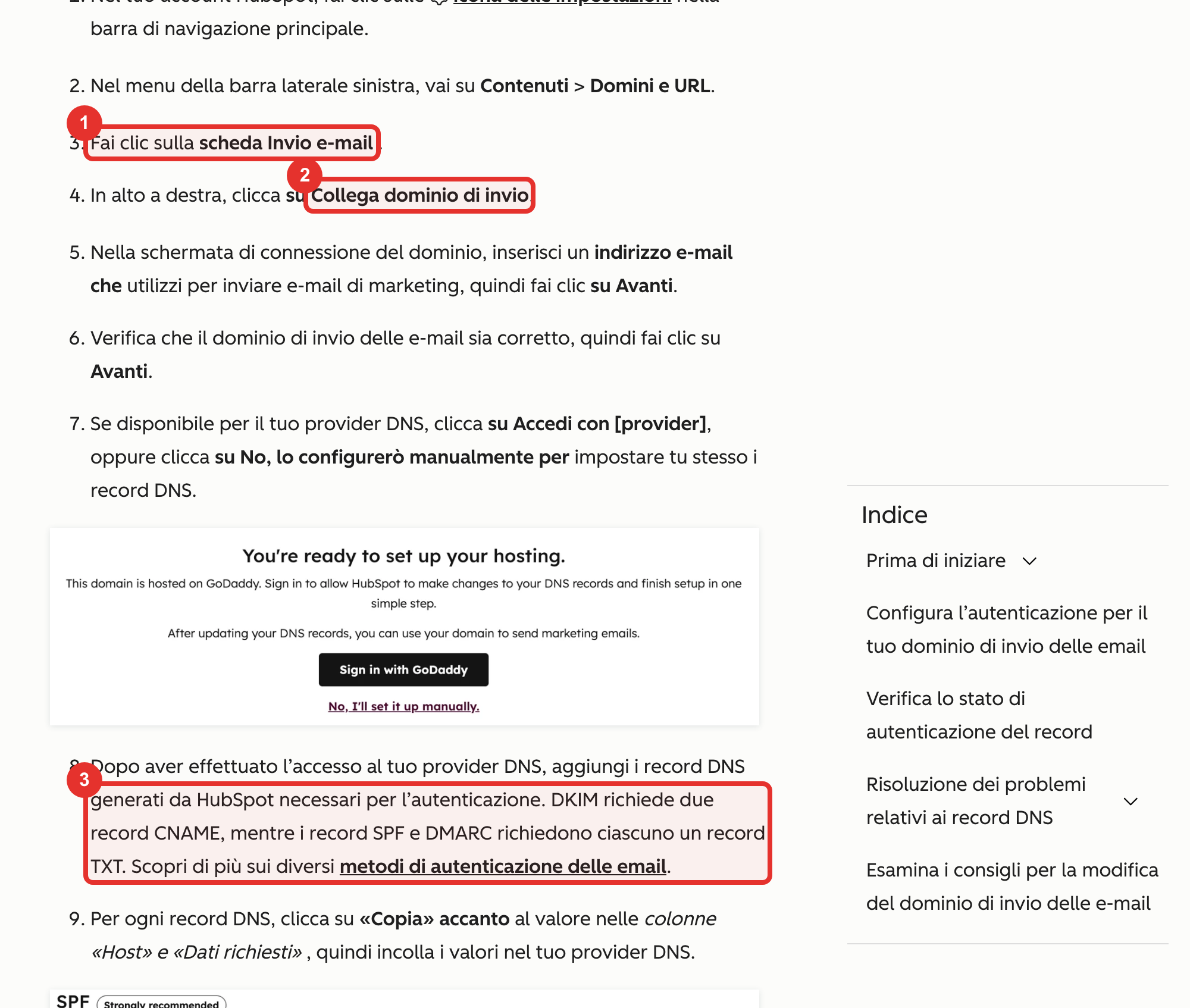 Nella guida ufficiale HubSpot: la scheda Invio e-mail (1), il comando Collega dominio di invio (2) e i record da creare (3)