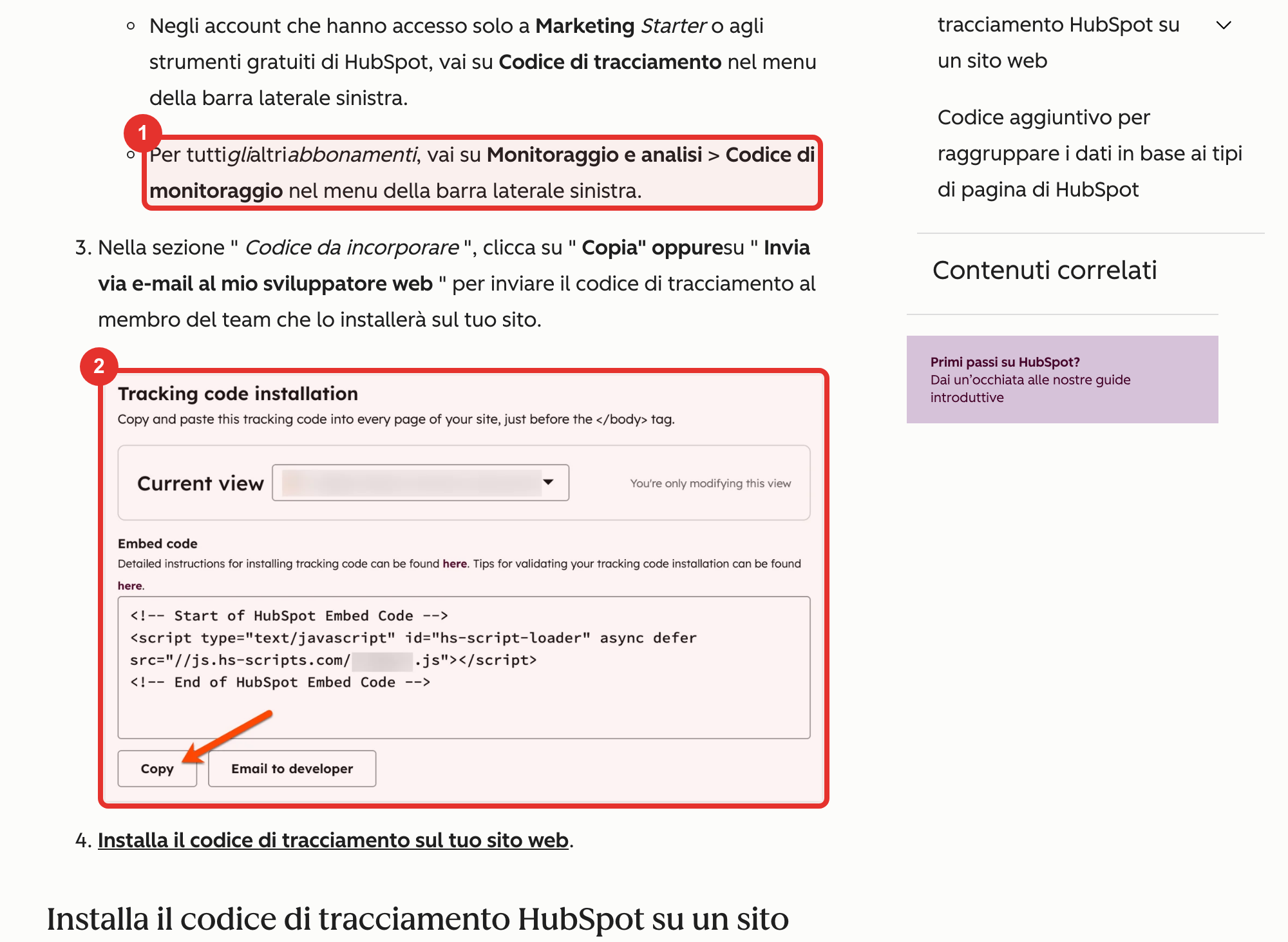 Nella guida ufficiale HubSpot: dove si trova il codice (1) e il pulsante Copia (2)