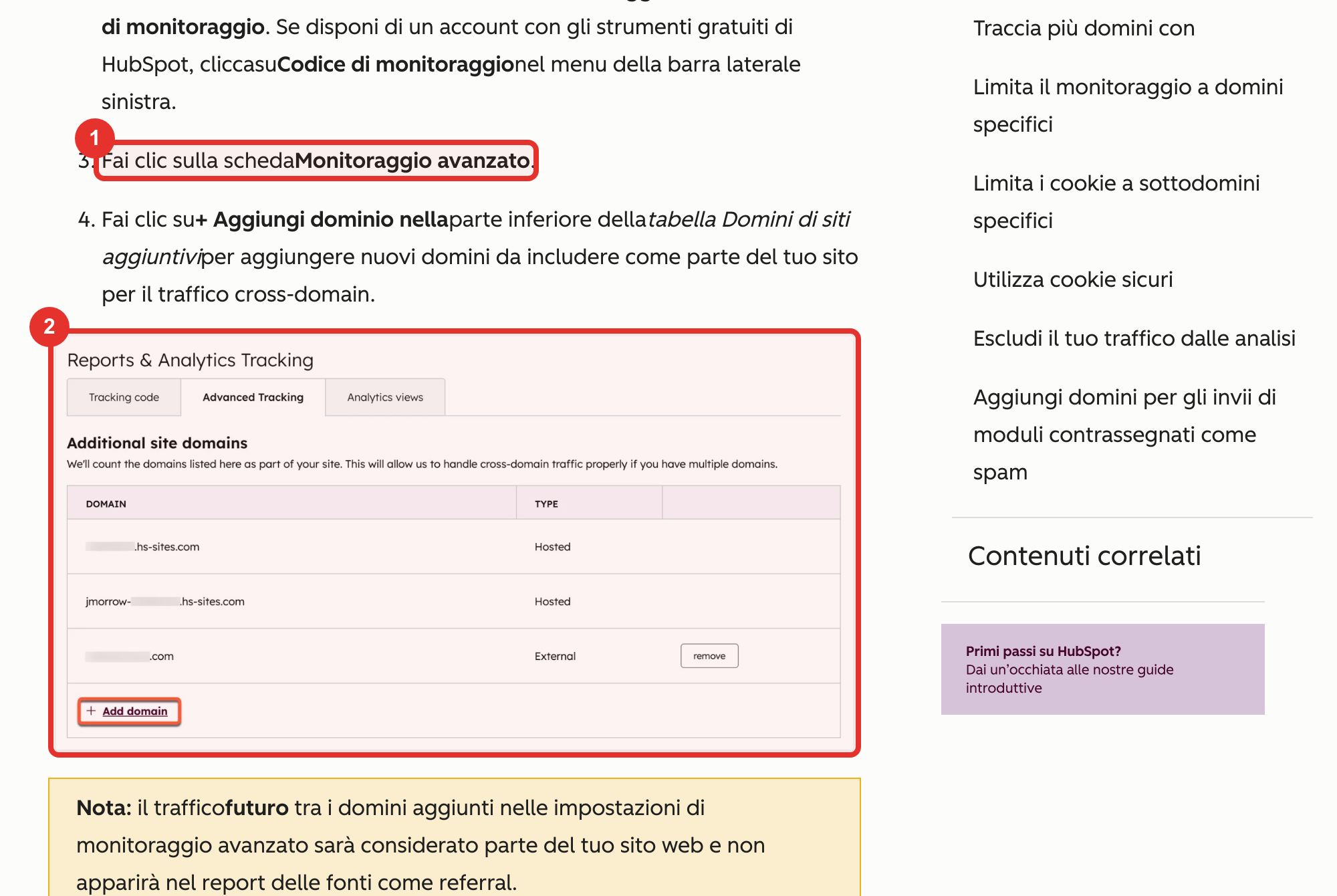 Nella guida ufficiale HubSpot: la scheda Monitoraggio avanzato (1) e il comando per aggiungere un dominio (2)