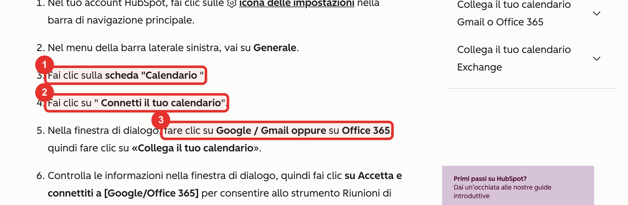 Nella guida ufficiale HubSpot: scheda Calendario (1), Connetti il tuo calendario (2) e scelta tra Google e Office 365 (3)