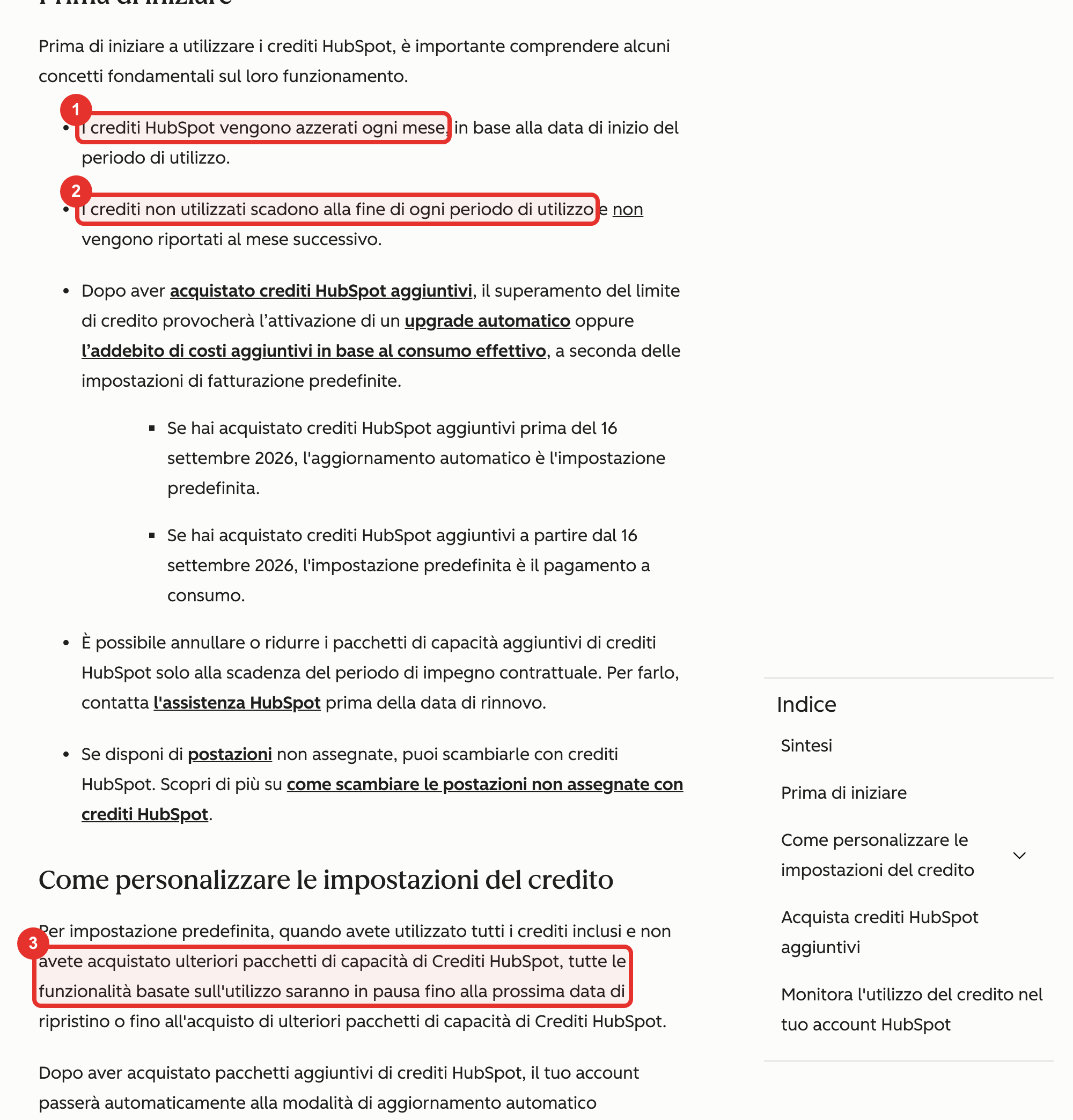 Le regole ufficiali HubSpot: azzeramento mensile (1), scadenza dei crediti non usati (2) e pausa delle funzioni quando i crediti inclusi finiscono (3)