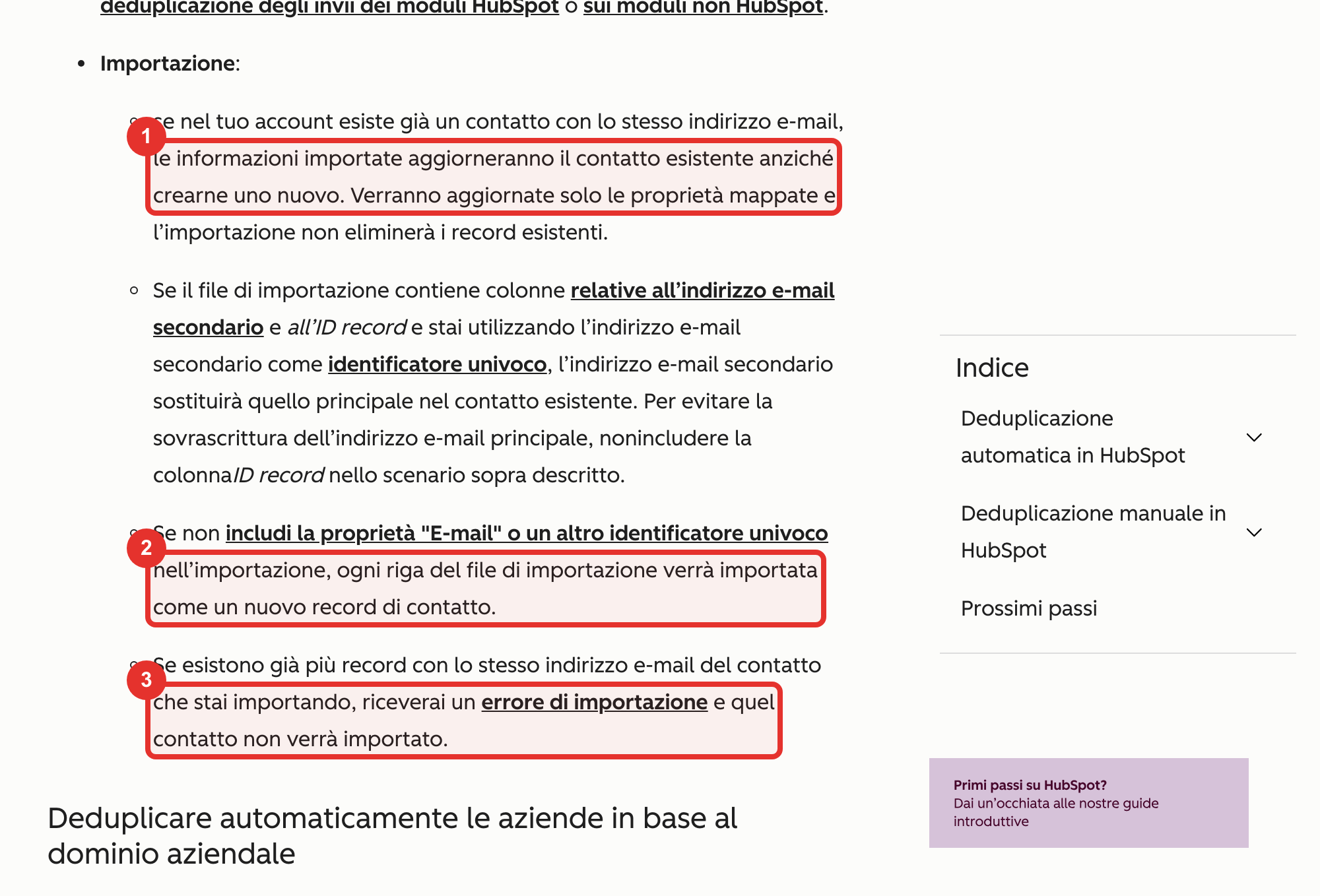 Le regole ufficiali HubSpot: con l'email il contatto esistente viene aggiornato (1); senza, ogni riga diventa un nuovo contatto (2); con più record già uguali, errore (3)