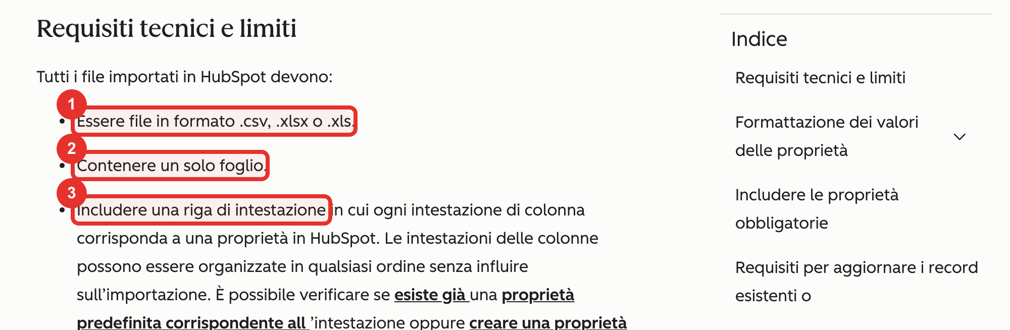 Nella guida ufficiale HubSpot: formati accettati (1), un solo foglio (2) e riga di intestazione (3)