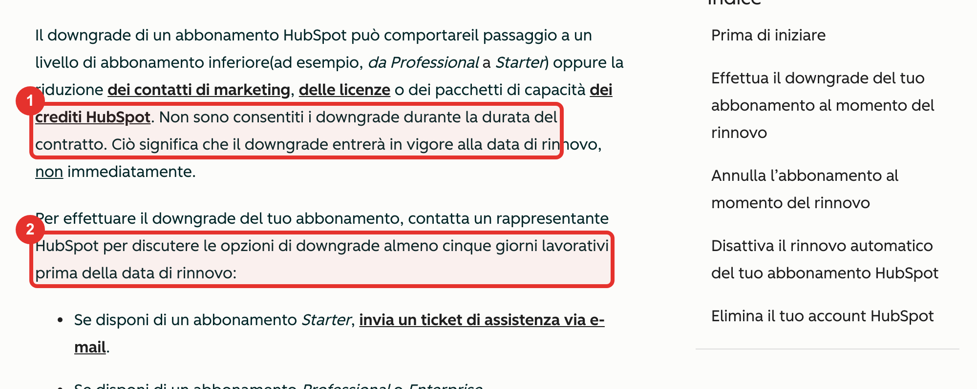 La regola ufficiale HubSpot: niente downgrade durante il contratto (1) e richiesta almeno cinque giorni lavorativi prima del rinnovo (2)