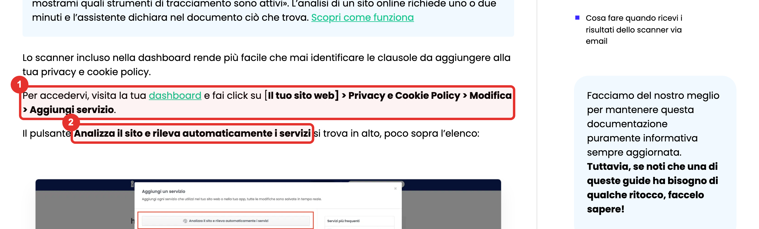 Il percorso per aggiungere un servizio (1) e il pulsante dello scanner (2) nella guida ufficiale di Iubenda