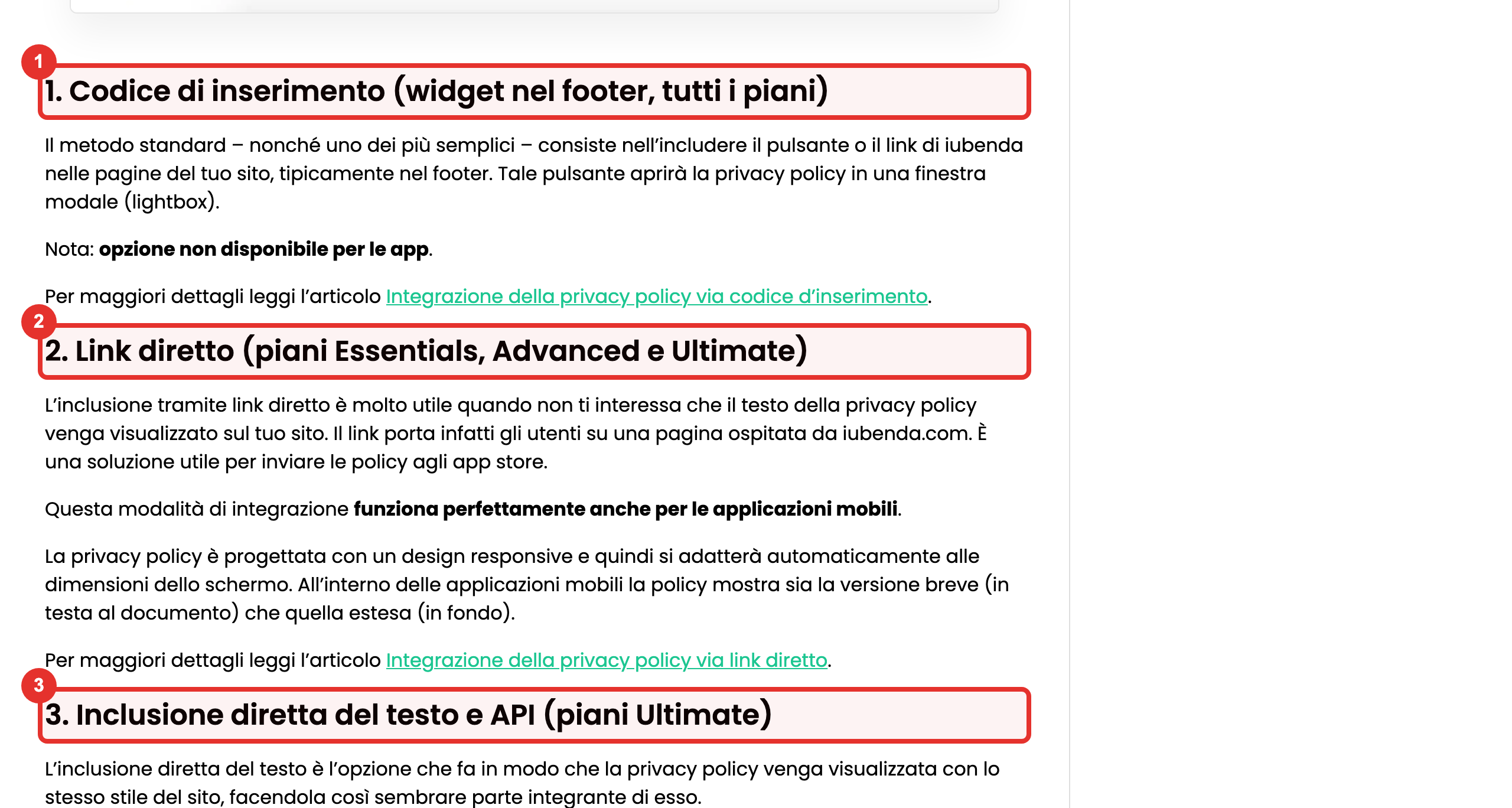 I tre modi per integrare le policy: widget nel footer (1), link diretto (2), testo incluso nella pagina (3), con i piani in cui sono disponibili