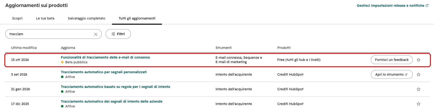 Aggiornamenti sui prodotti: Funzionalità di tracciamento delle e-mail di consenso