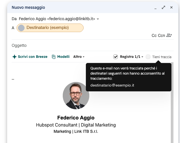 Estensione HubSpot per Gmail: email non tracciata per mancanza di consenso