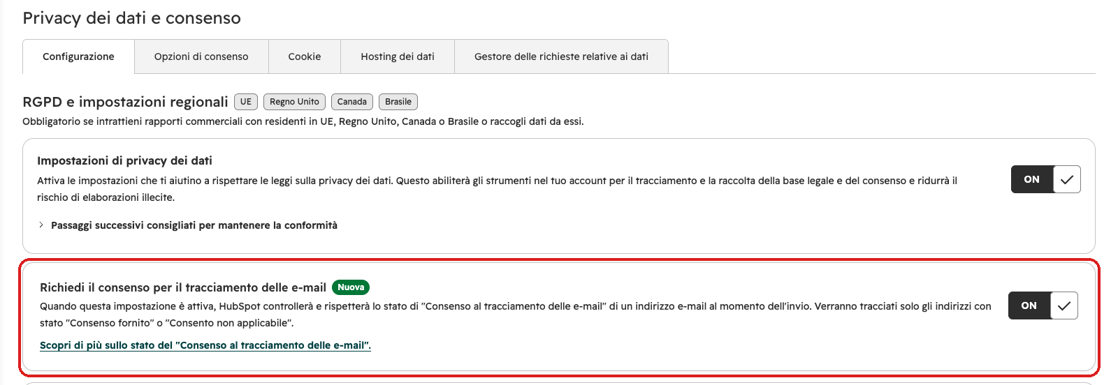 Privacy e consenso: Richiedi il consenso per il tracciamento delle e-mail