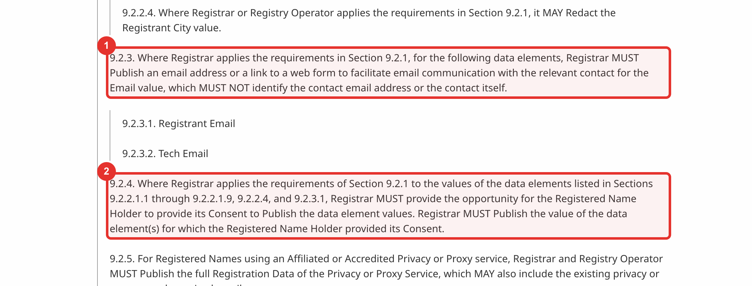 Registration Data Policy di ICANN: (1) al posto dell'email del titolare si pubblica un indirizzo o un modulo che non la rivela; (2) il registrar deve permettere al titolare di acconsentire alla pubblicazione