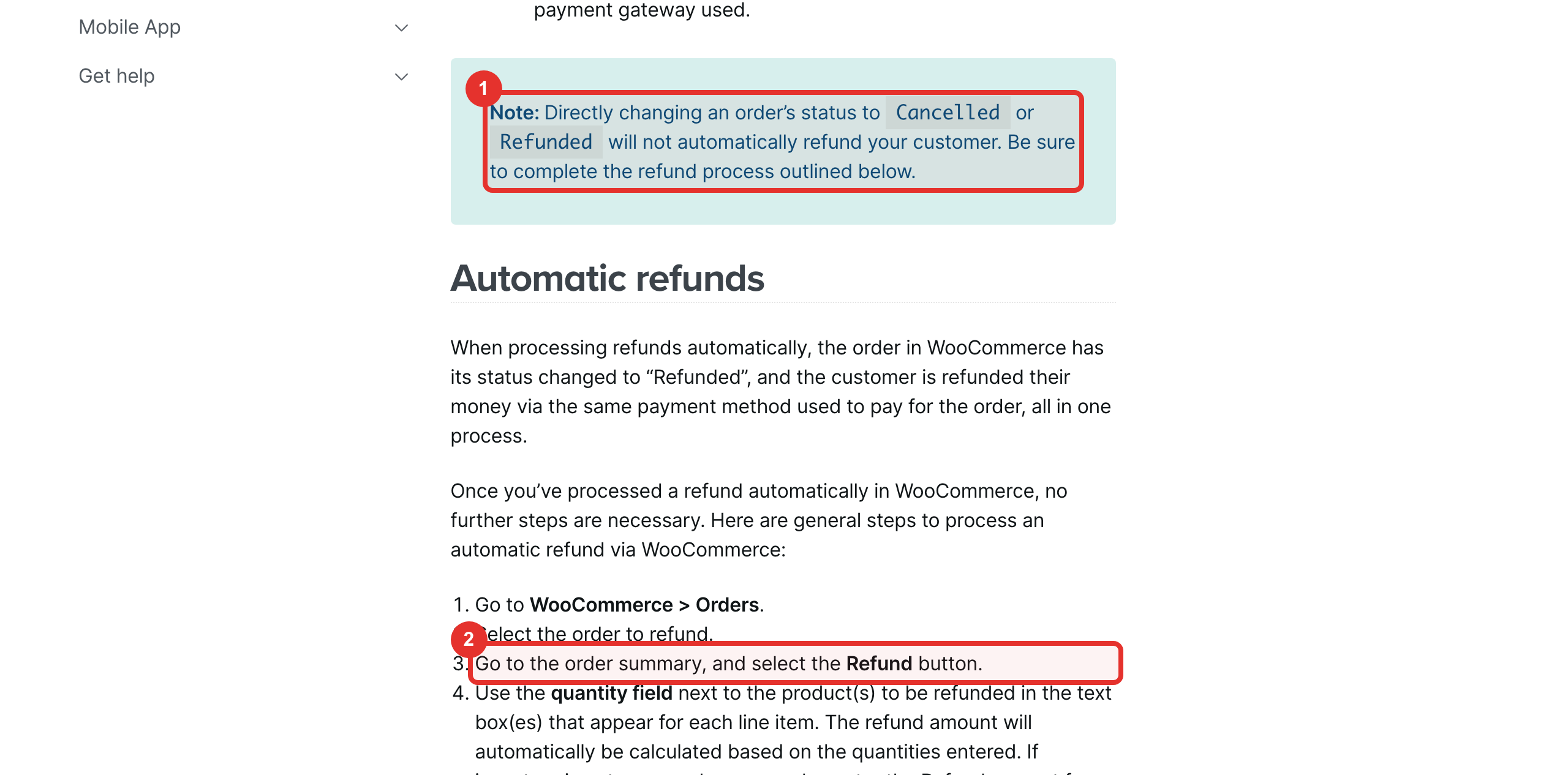 Documentazione WooCommerce: (1) cambiare lo stato in «Annullato» o «Rimborsato» non rimborsa il cliente, (2) il rimborso parte dal pulsante «Refund» (in italiano «Rimborsa»)